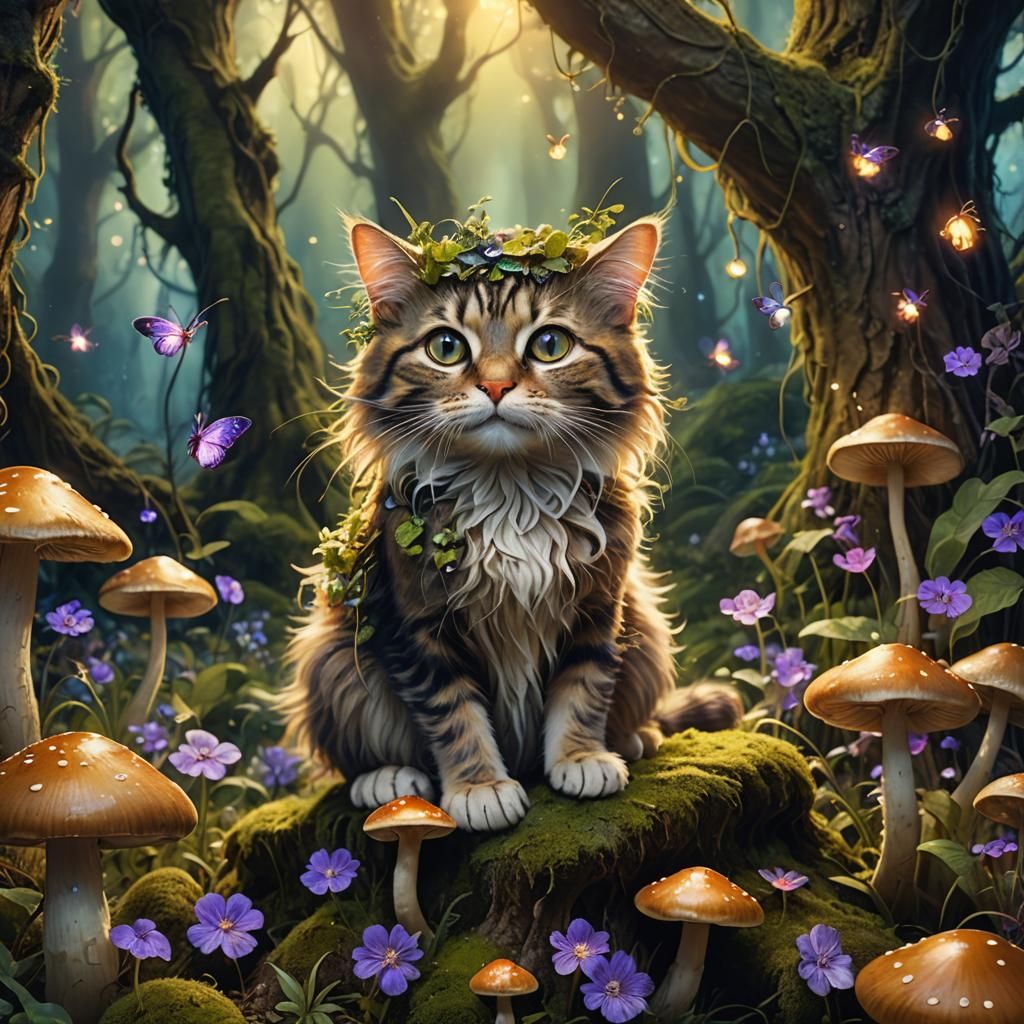 Cute Cat in Magical Forest: Fantasy Matte Painting