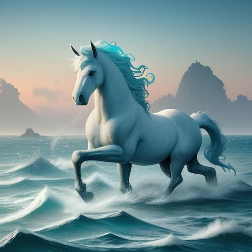 Majestic White Horse Emerges from Ocean Waves