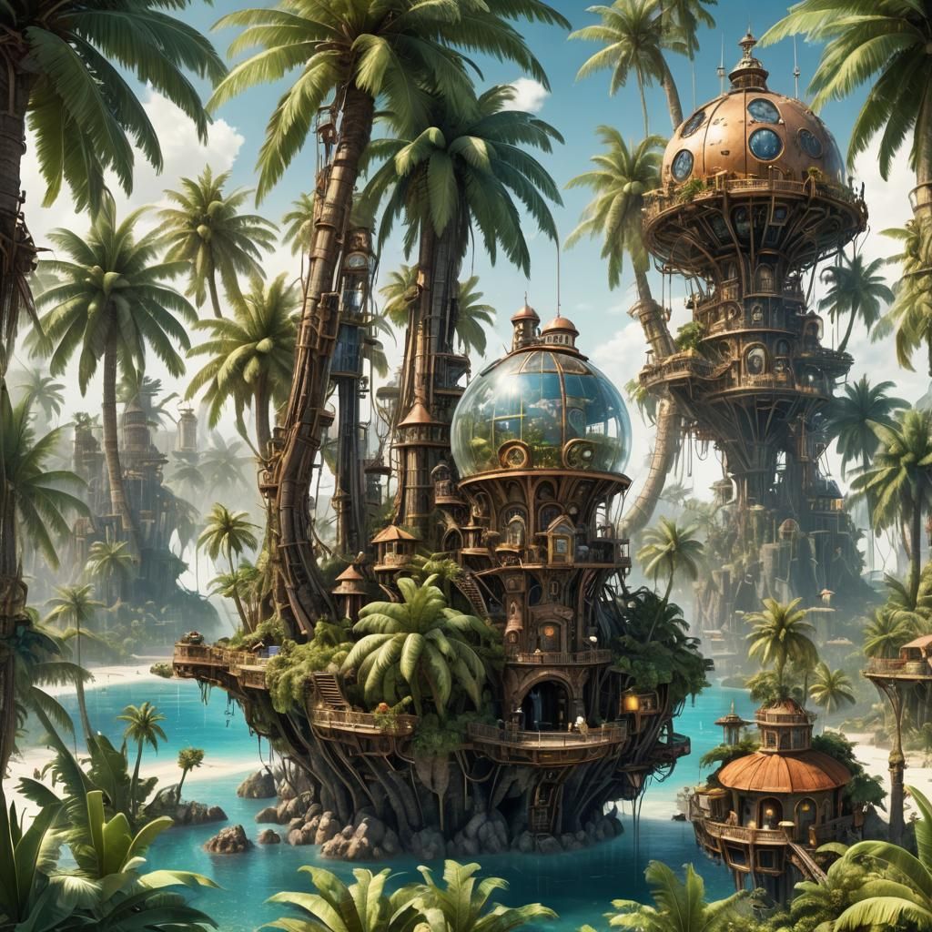 Futuristic Caribbean Paradise in Steampunk Cityscape