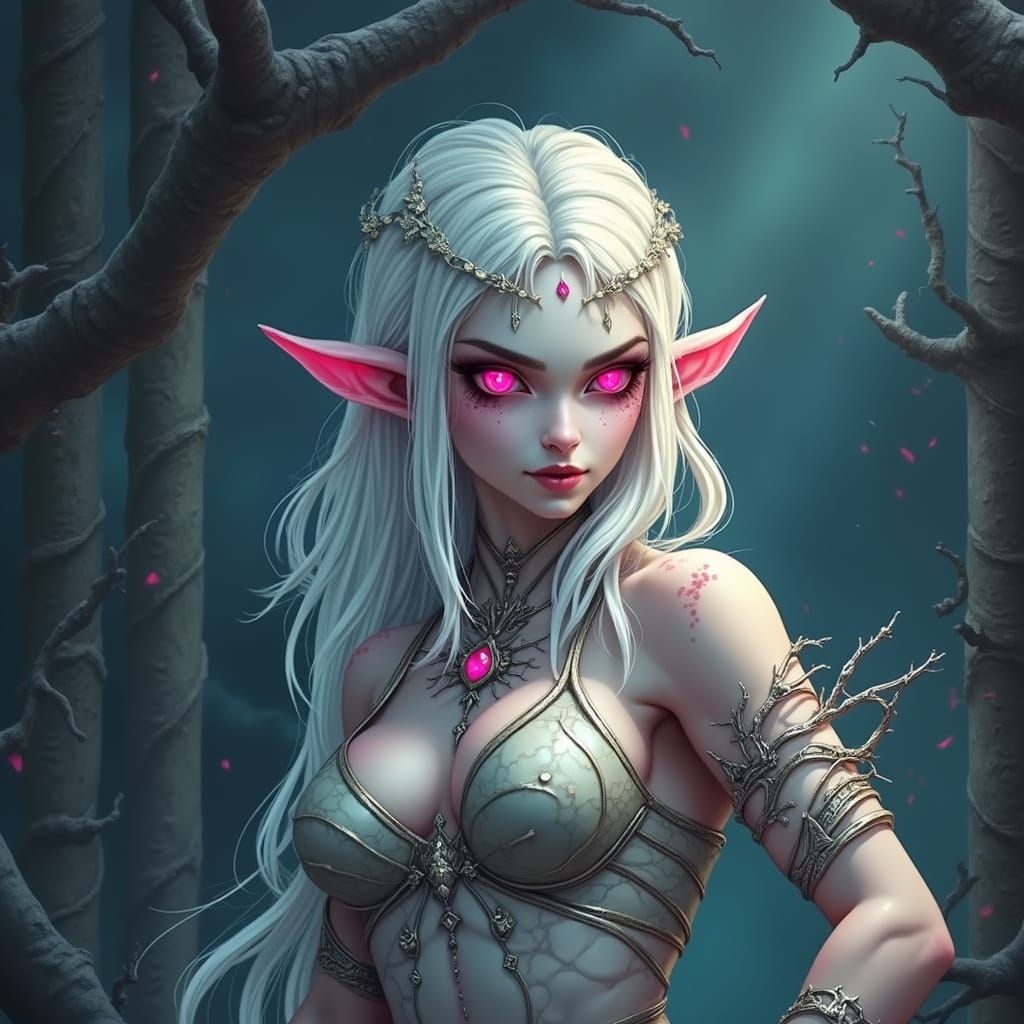 Albino Elf Warrior with Pink Eyes in Hyperrealistic Style