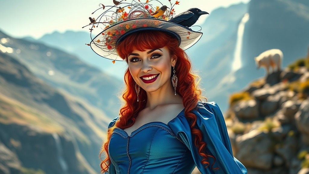 Elegant Redhead with Bird Hat in Mountain Landscape