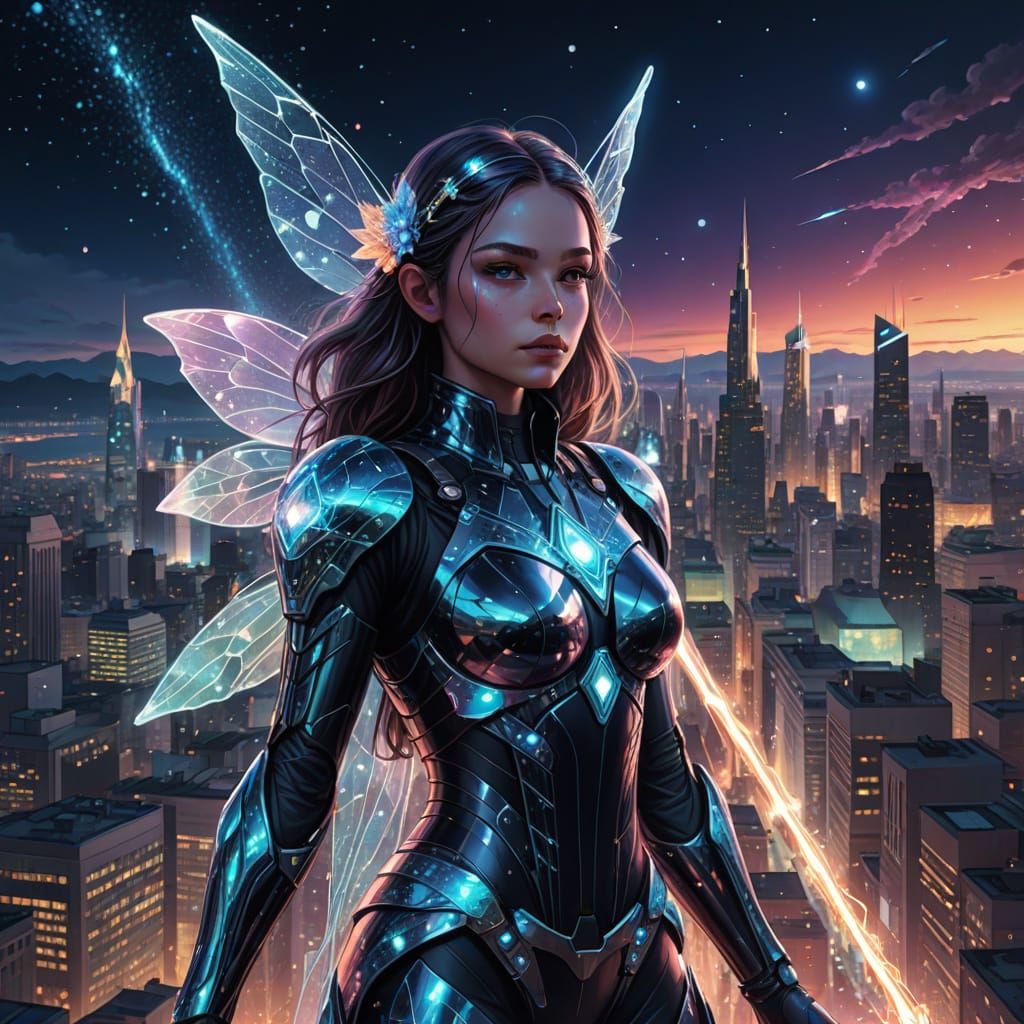 Stealth Fairy Goddess Observes Cosmic Cityscape