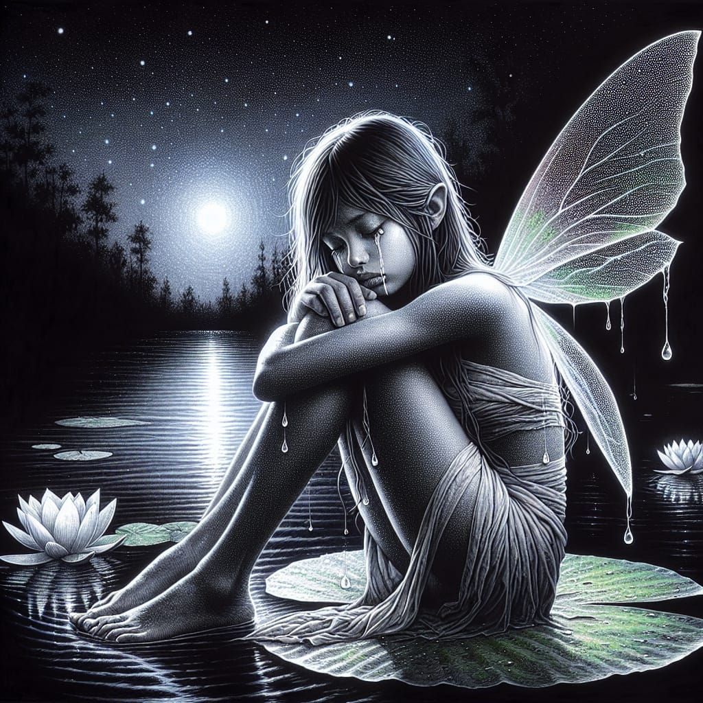 Melancholic Fairy in Moonlight: Acrylic and Ink Art