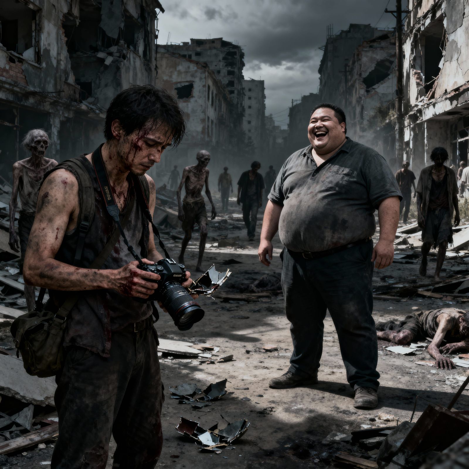 Photographer in Ruined City Amidst Despair