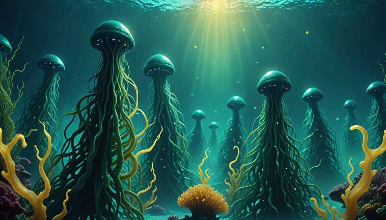 Underwater Aliens in Bioluminescent, Surreal Style