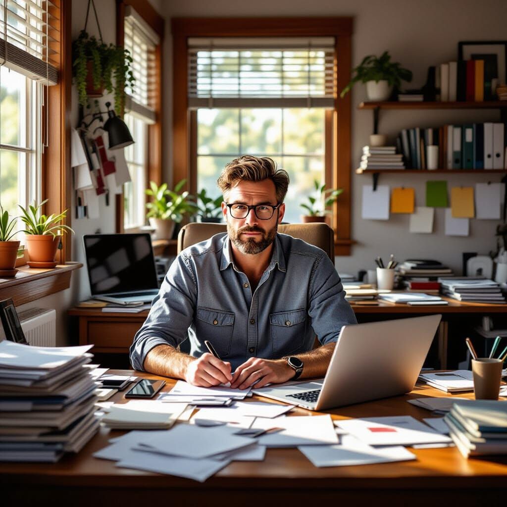 Busy Dad in Cluttered Home Office
