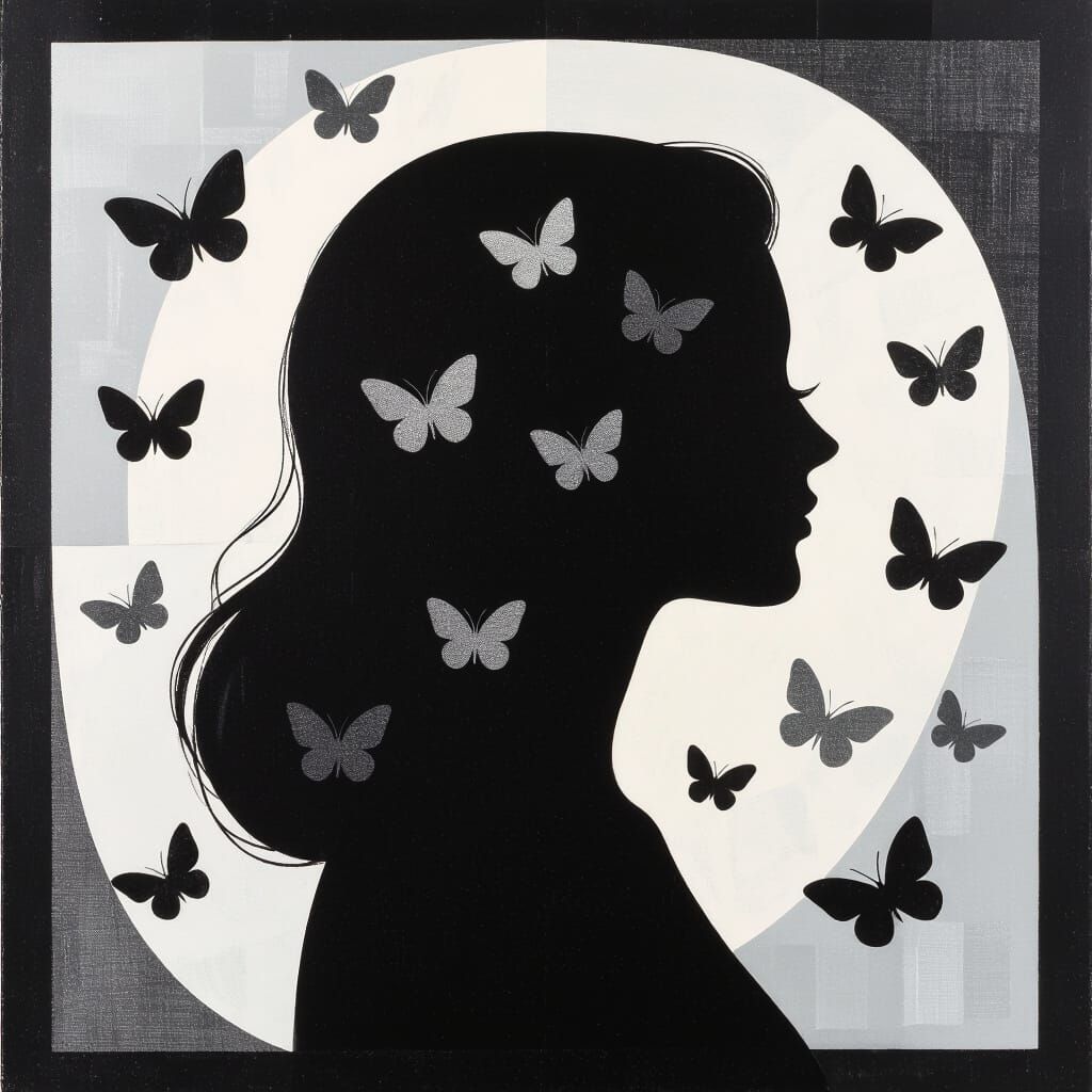 Woman Silhouette with Butterflies in Op Art Style