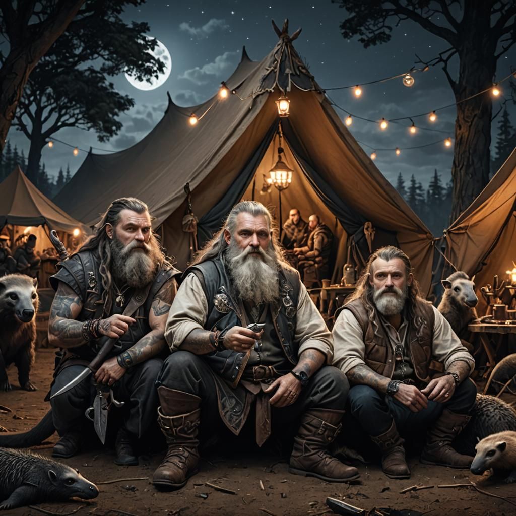 Dwarves Camp with Giant Anteater at Night