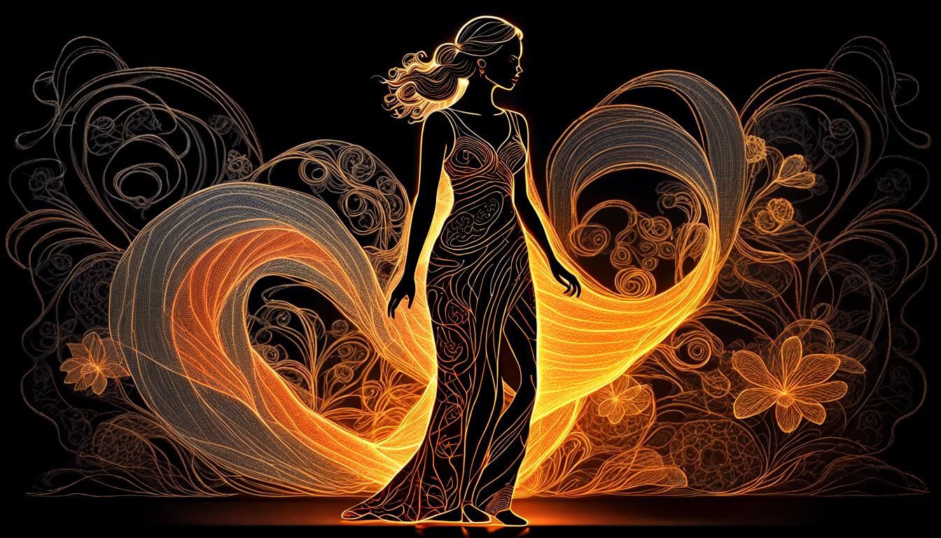 Backlit Embroidered Woman with Glowing Outline in Anime Styl...
