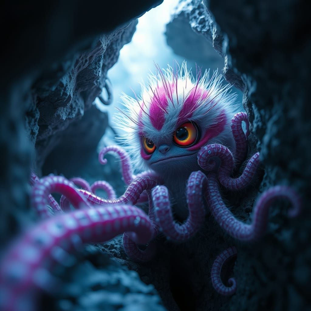 Creepy Cute Fluffy Creature with Tentacles in Rock Fissure