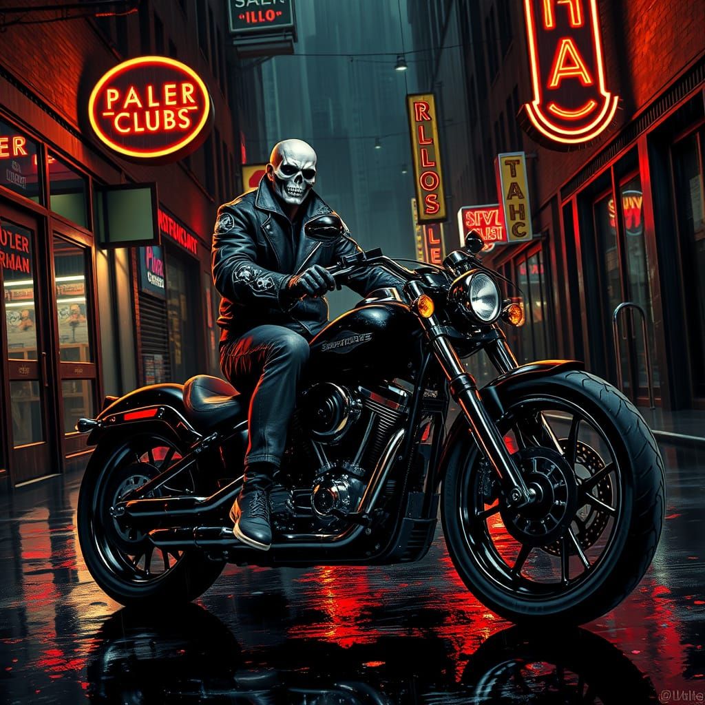 Muscular Biker Revving Motorcycle in Dark Alleyway with Skul...