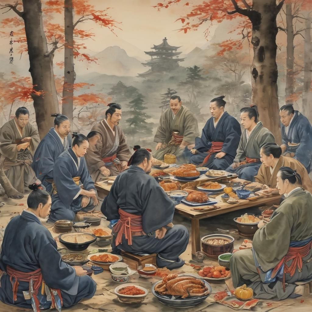 Samurai Thanksgiving Dinner in Watercolor Style