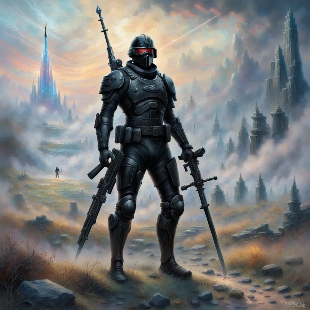 Sci-Fi Soldier on Battlefield in Ethereal Style
