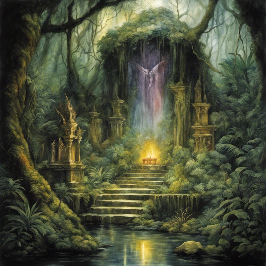Mystical Jungle Altar: Fantasy Watercolor Art