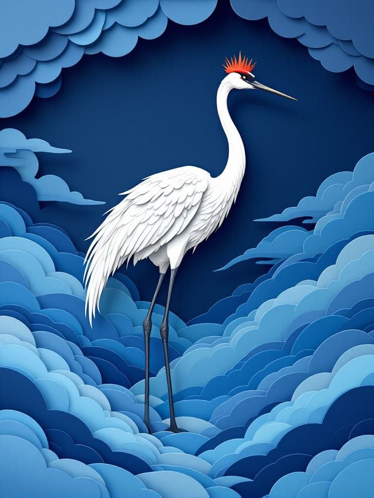 Majestic Crane in Blue Twilight Paper-Cut Style