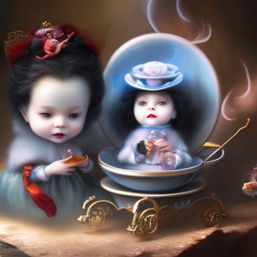 Vampire Babies in Teacup Crystal Ball: Fantasy Art