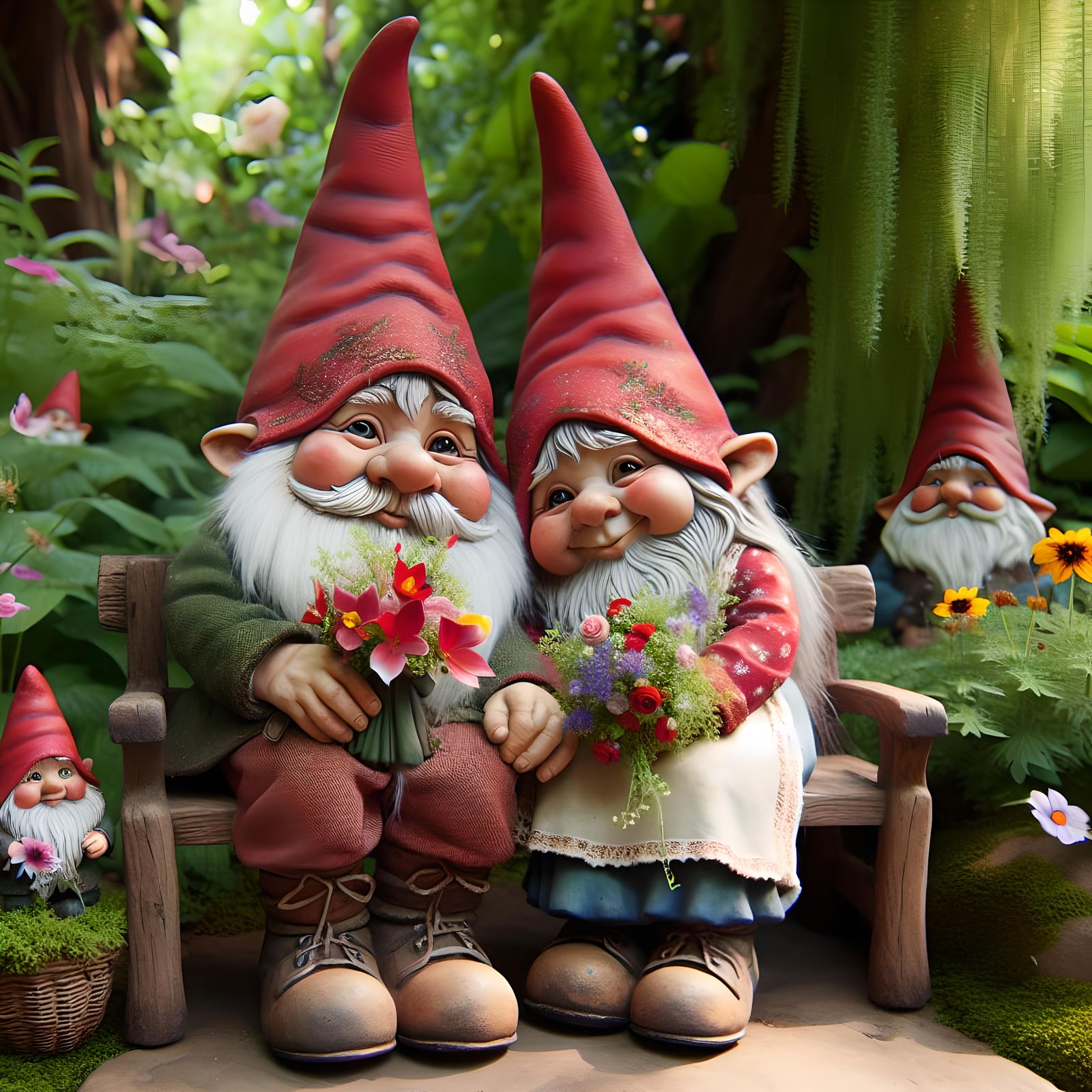 Cute happy gnome couple sitting on a bench in a garden weari...