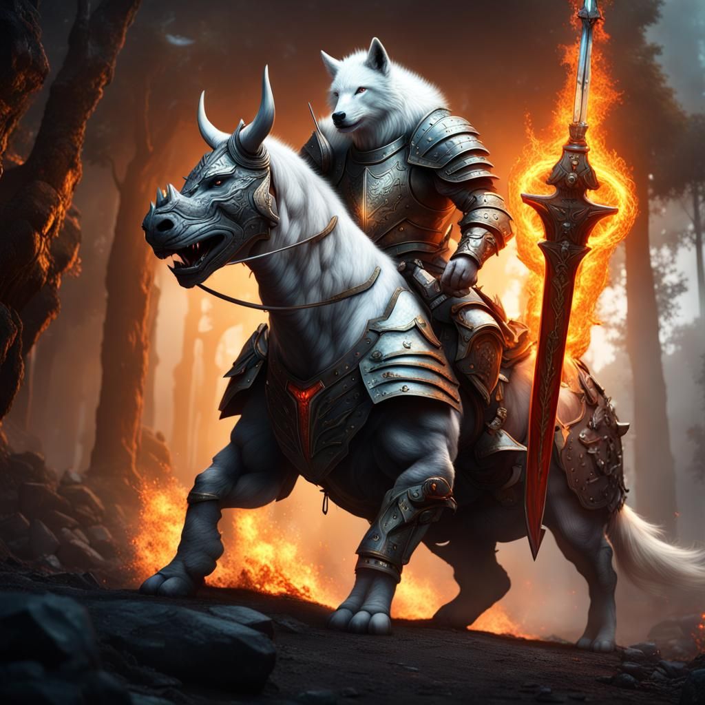 Armored Wolf Knight Riding Rhinoceros, Fantasy Art