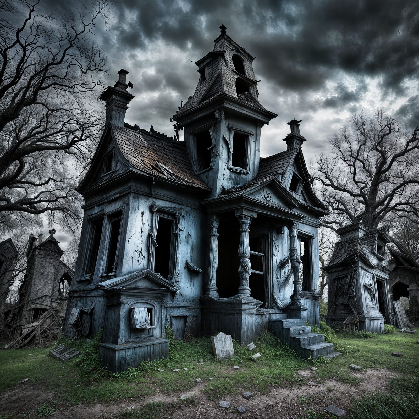 Wonky Haunted House in Cemetery Scene