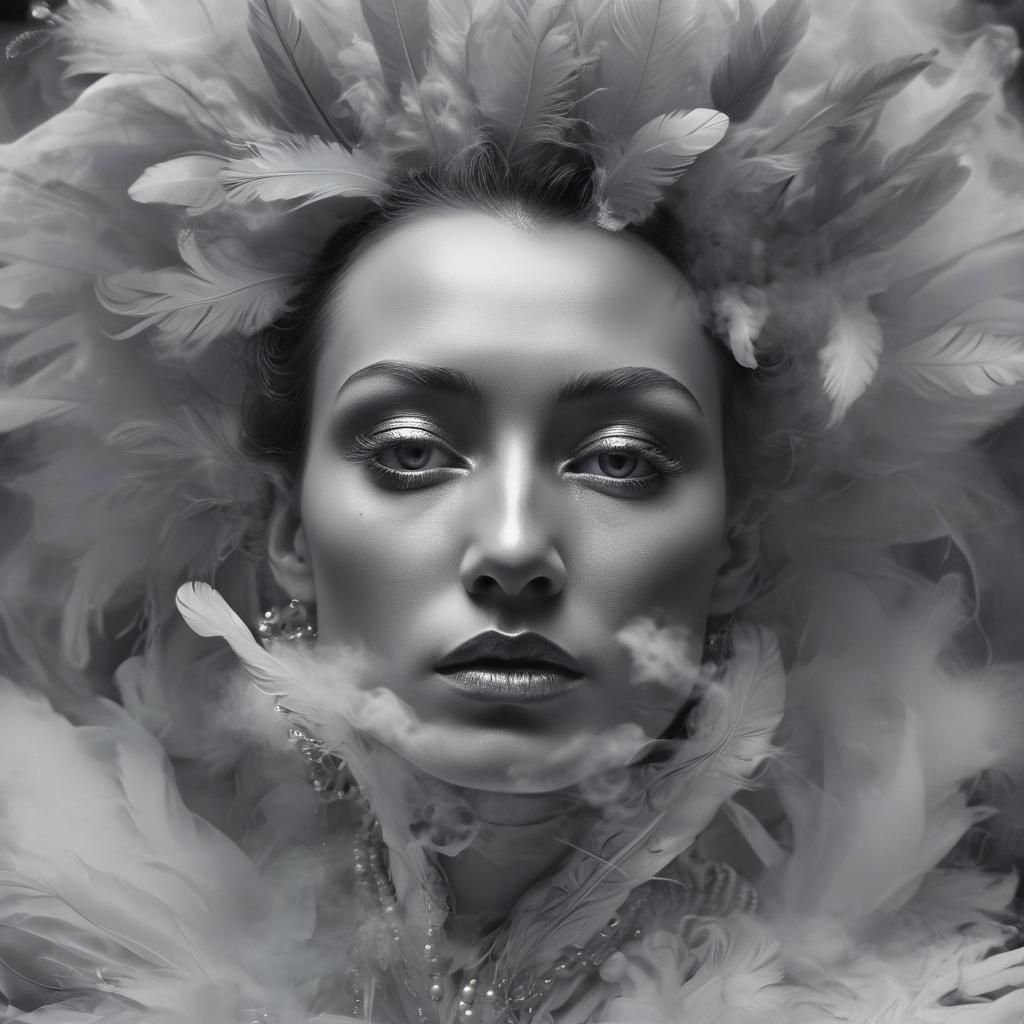 Dreamlike Figure with Iridescent Feathers, Surreal Portrait