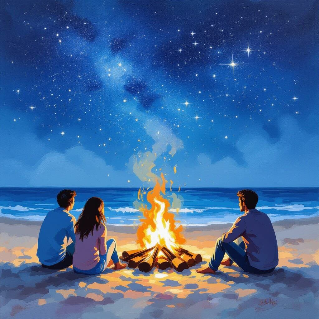 Friends by Bonfire under Starry Sky in Gouache Style
