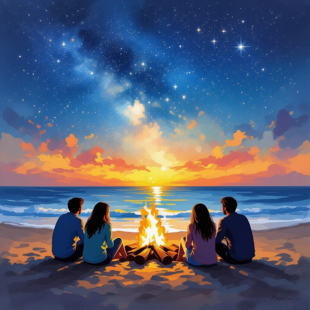 Beach Bonfire Under Stars in Gouache Watercolor Style