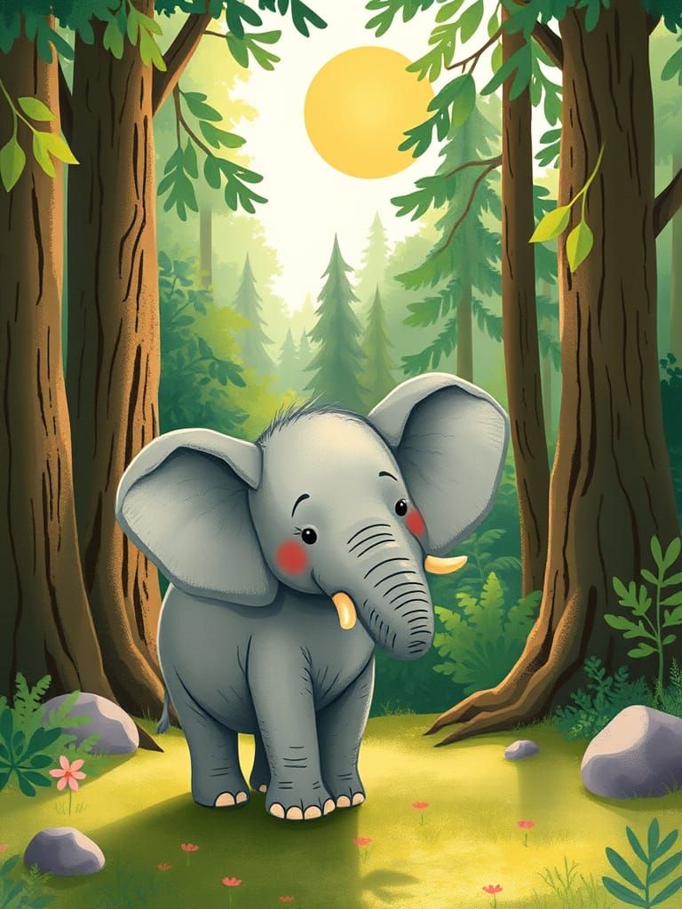Cute Elephant in Whimsical Forest Landscape