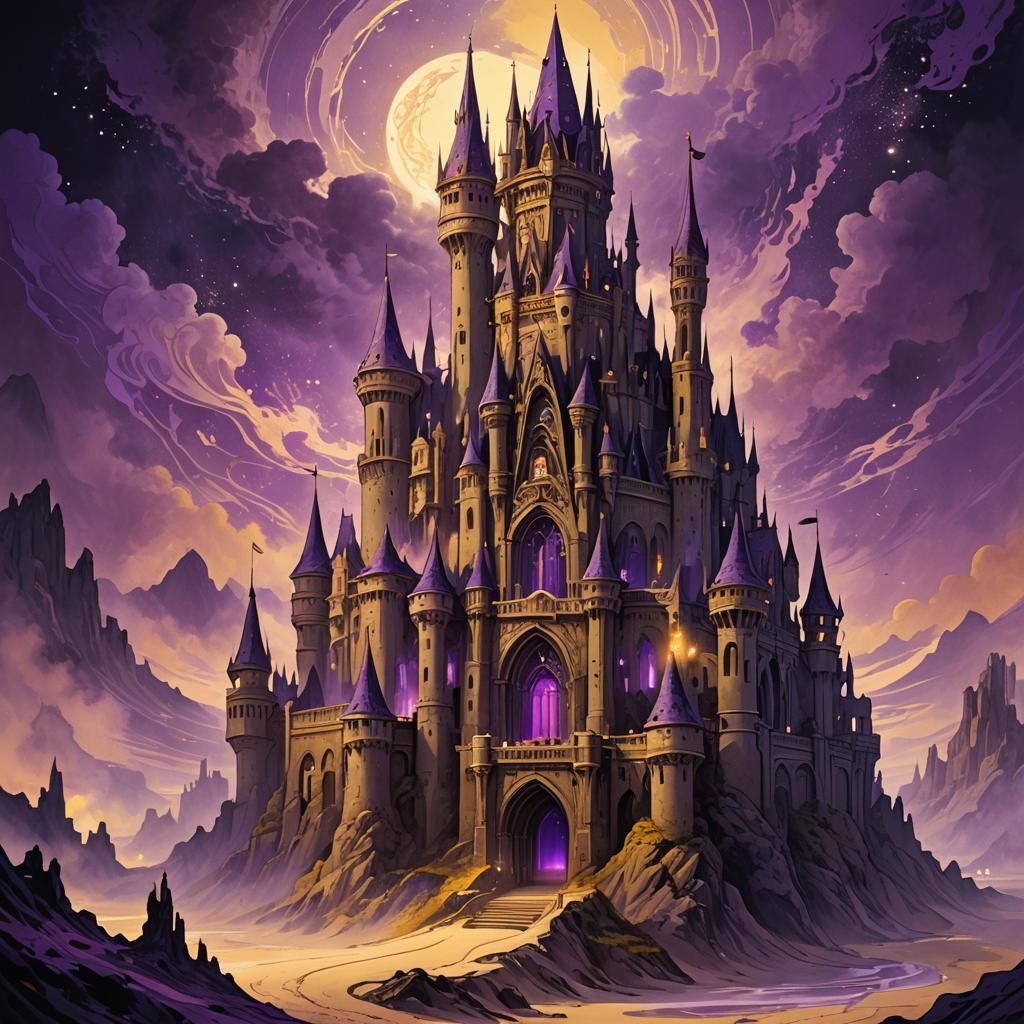 Mystical Sand Castle in Dark Fantasy Landscape