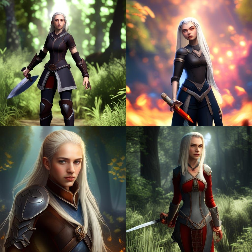 White-Haired Warrior with Flaming Sword Portrait