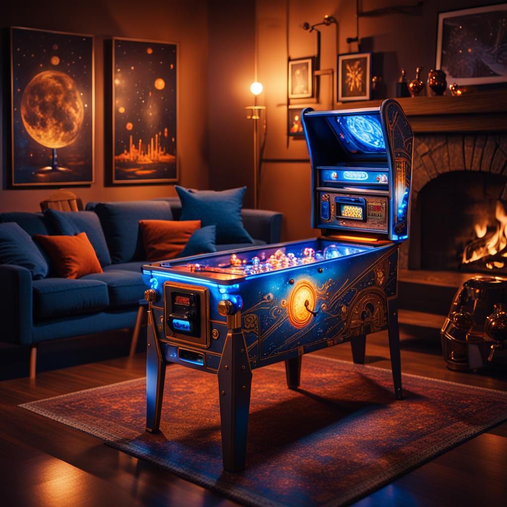 A Wizards and astronauts pinball machine in a living room at...