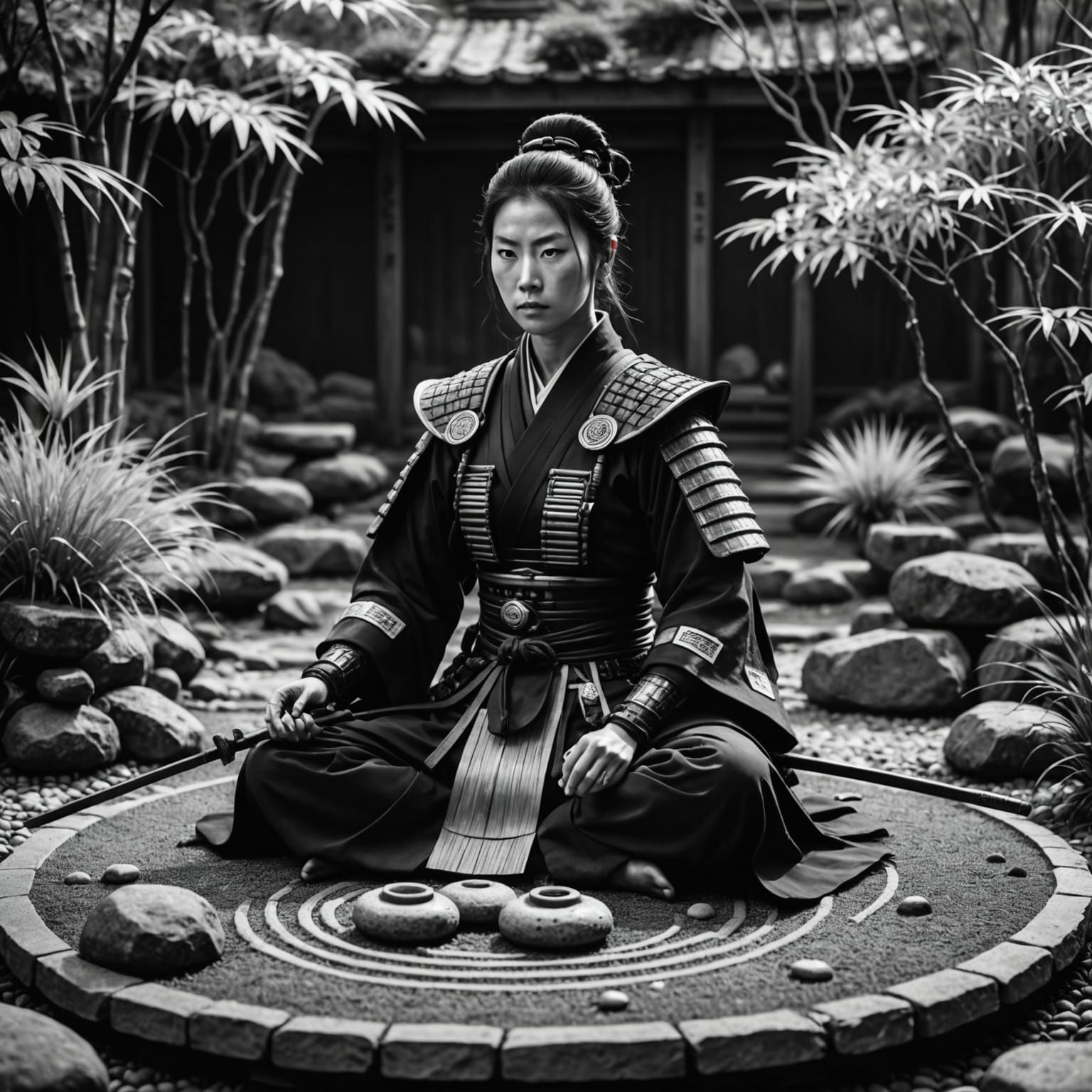 Cybernetic Samurai Meditating in Zen Garden