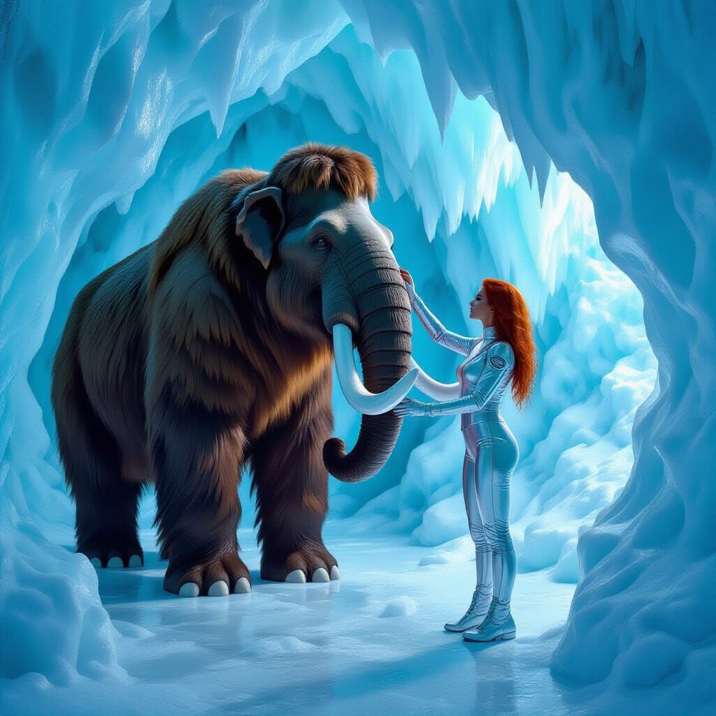 Futuristic Encounter: Woman and Mammoth in Ice Cave