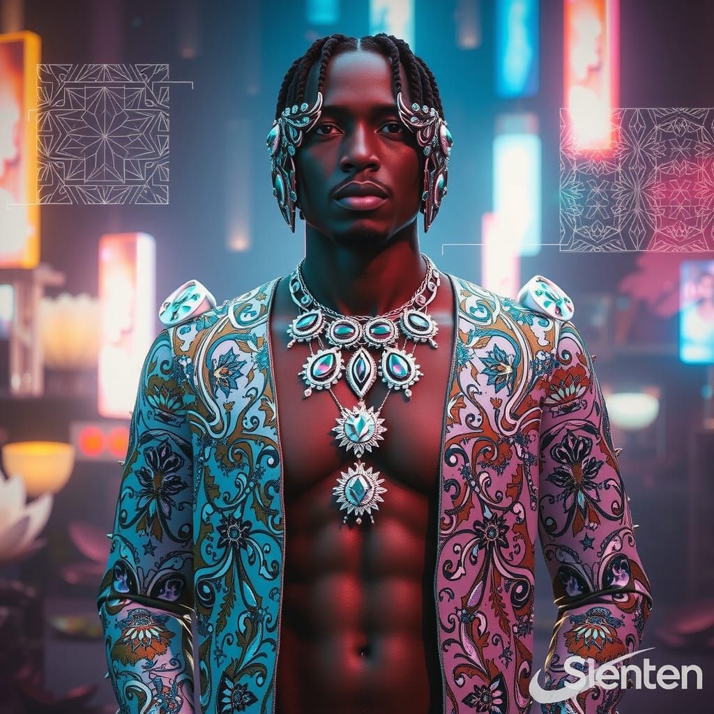 Enchanting Black Man in Golden Light with Futuristic Jewelry