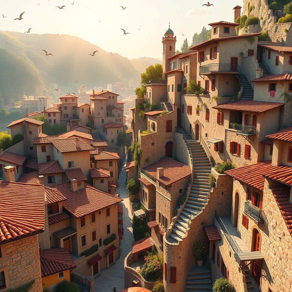 Surreal Italian Village in a Whimsical Dreamscape