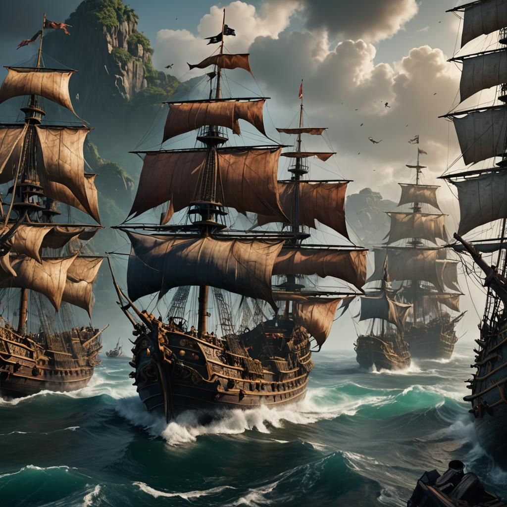 Pirate Ships Sailing on a Smoky Sea