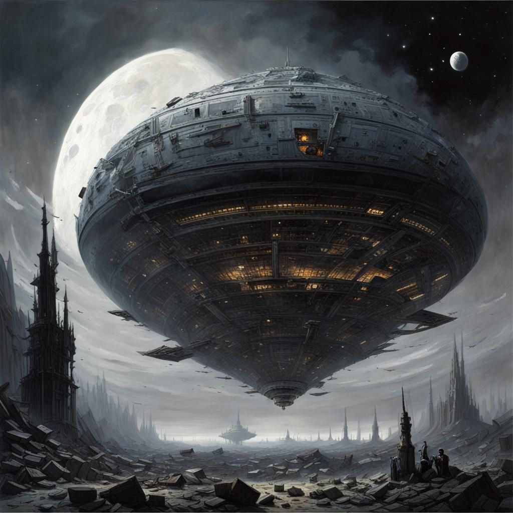 Wrecked Spaceship in Debris Cloud: Dramatic Sci-Fi Art