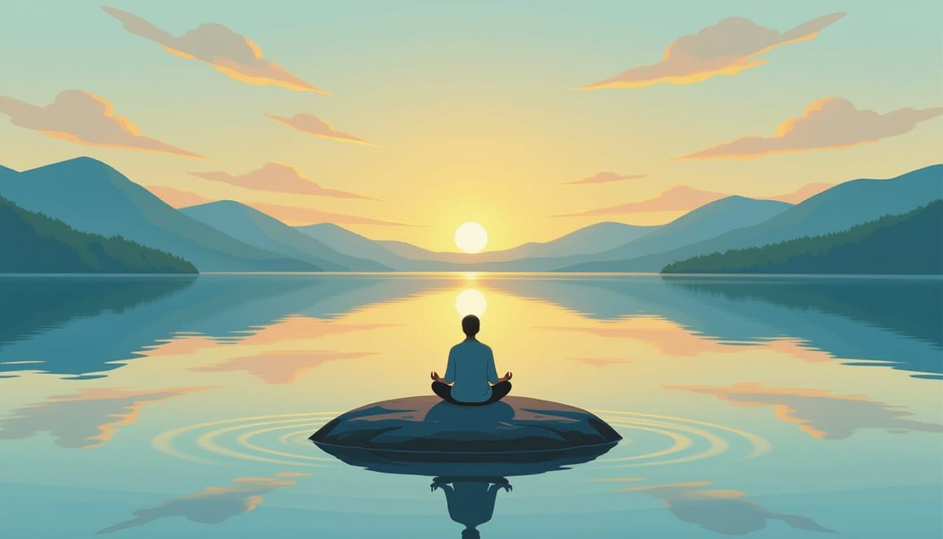 Meditating Figure on Lake at Sunrise Minimalist Landscape