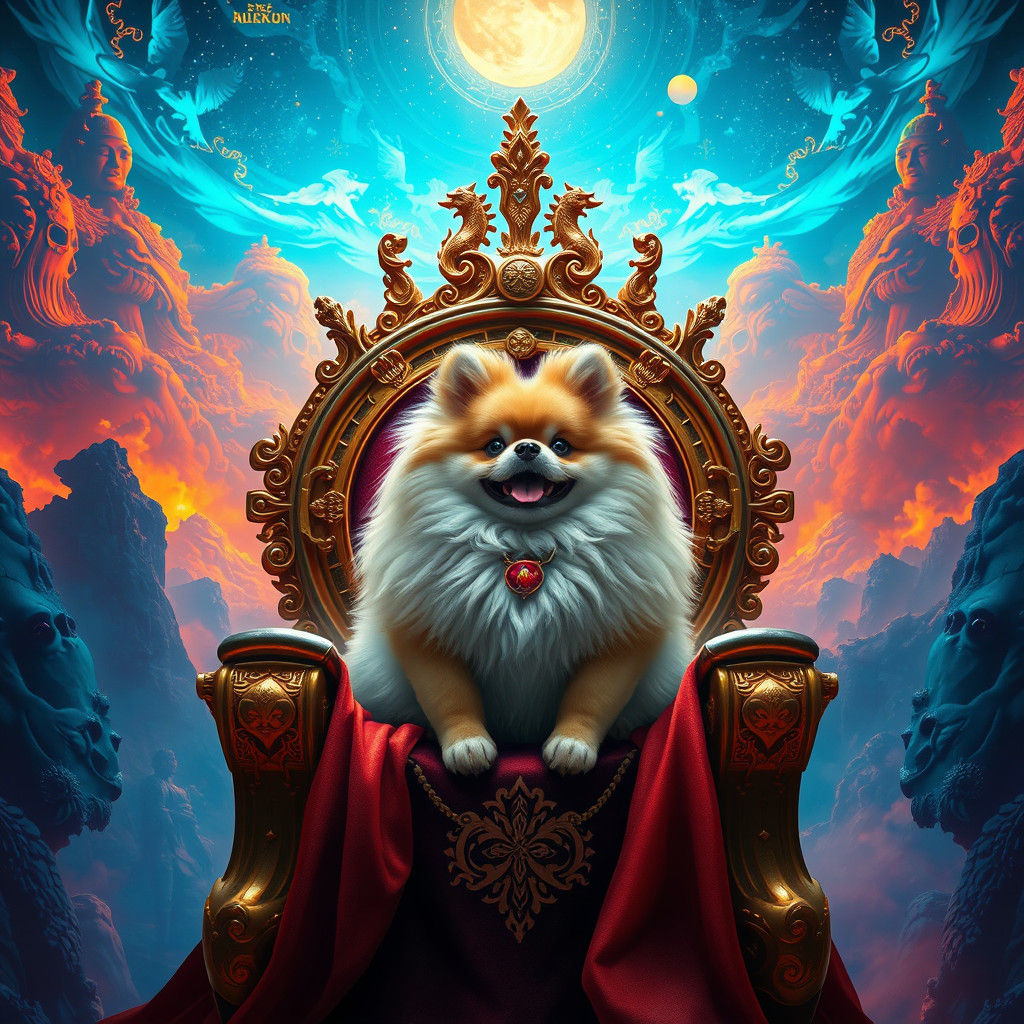 Majestic Pomeranian on Throne amidst Fantastical Landscape