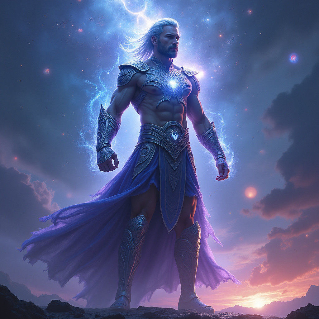 Cosmic Man Imbued with Superpowers in Ethereal Art
