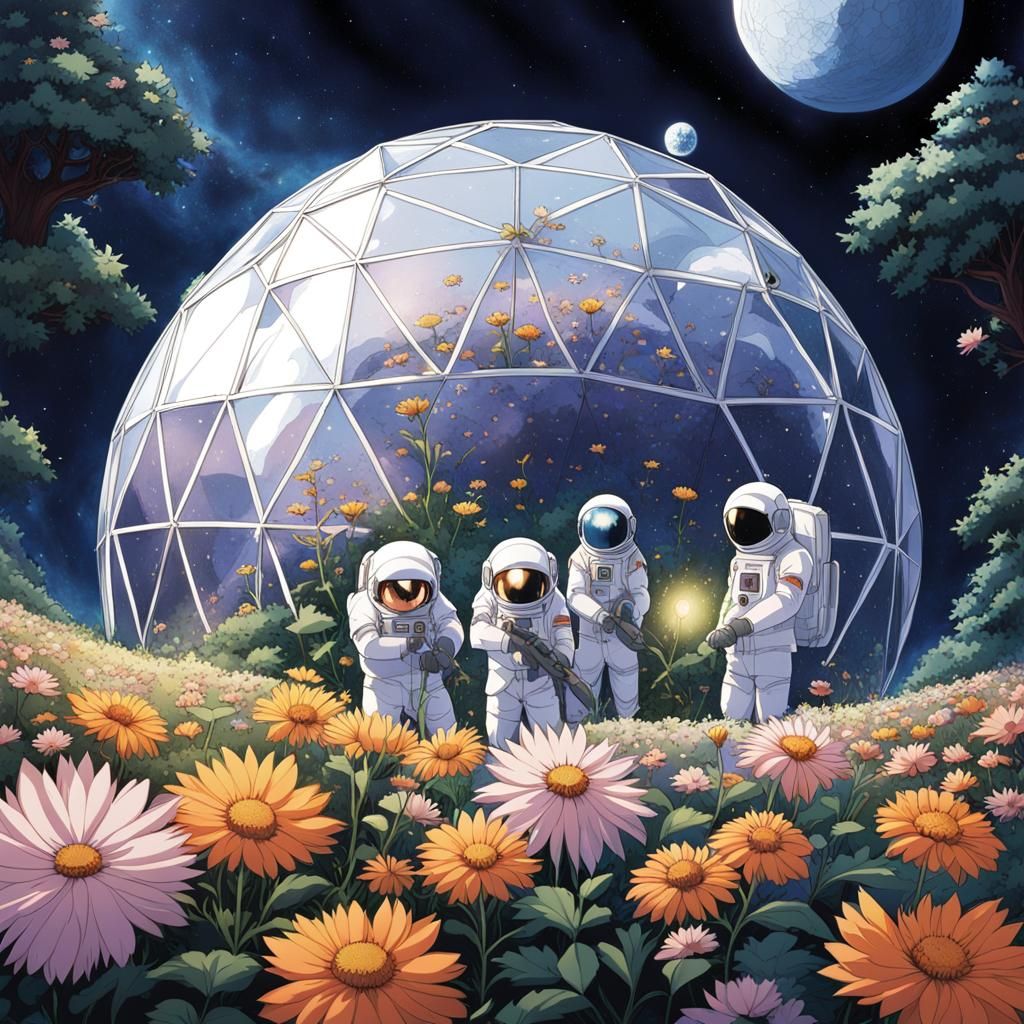Astronauts, Moon Garden, and Flower Fairies in Anime Style