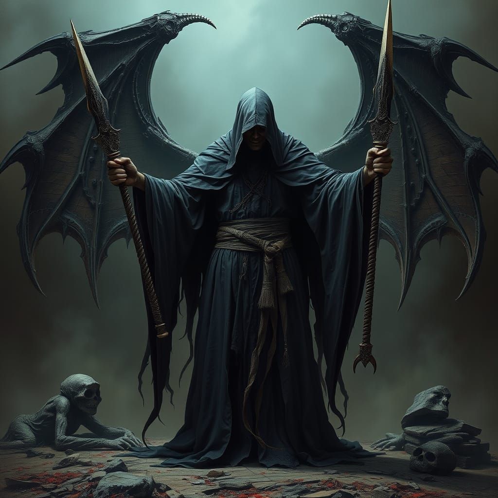 Mysterious Figure with Cursed Weapons in Gothic Style