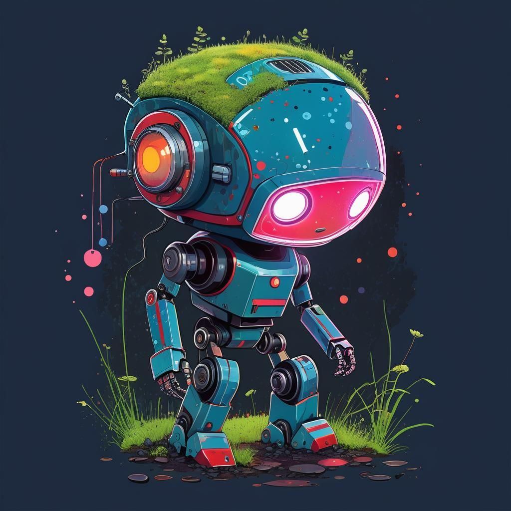 Chibi Robot in Overgrown Cyberpunk Cityscape