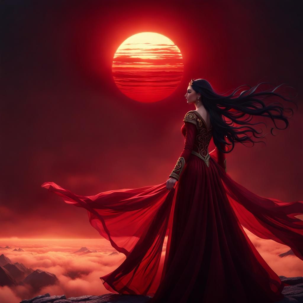 Girl in Red Gown Under Red Sun, Digital Painting