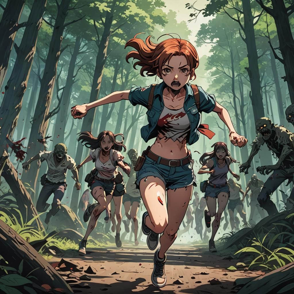 Girl Running From Zombies in Anime Style