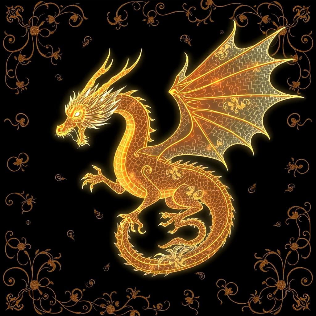Bioluminescent Dragon with Golden Filigree Design
