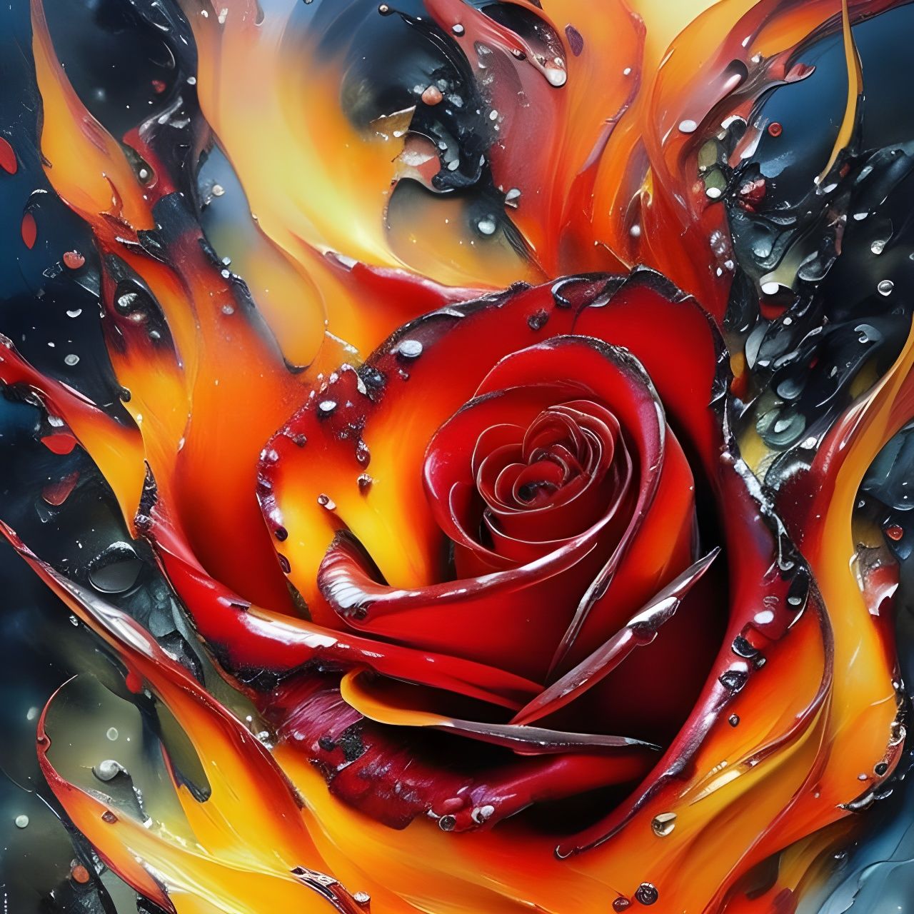 Detailed Fire Rose with Oil and Ink Splashes