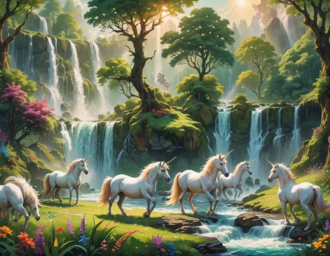 Unicorns Playing in Lush Field: Vibrant Oil Painting