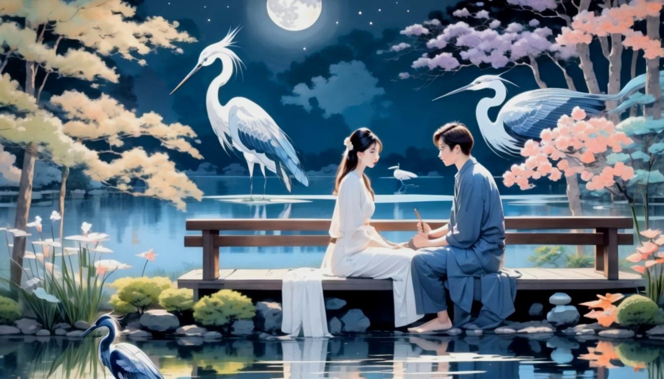 Moonlit Couple in Tranquil Zen Garden Art