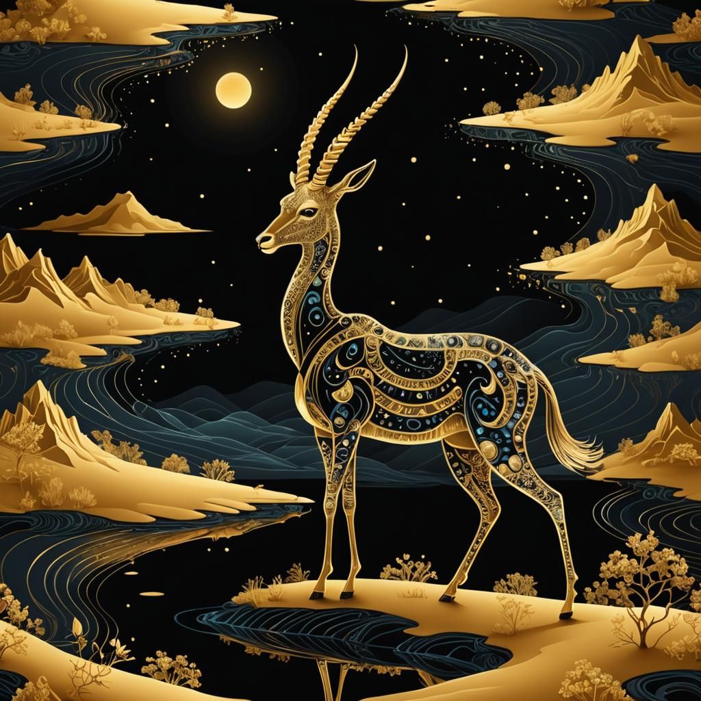 Bioluminescent Gold Gazelle Overlooking Lake