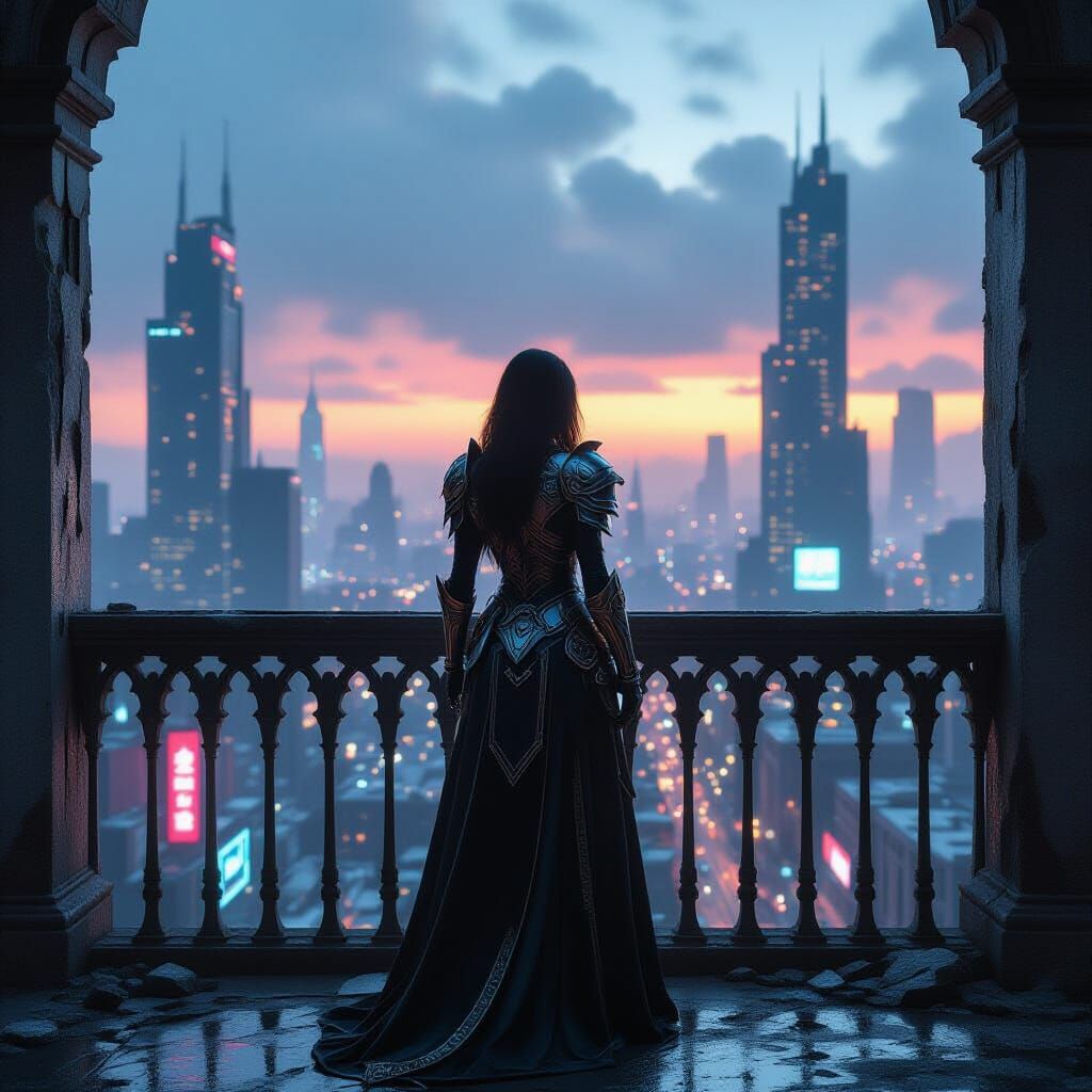 Cyberpunk Woman in Ruined Cityscape at Twilight